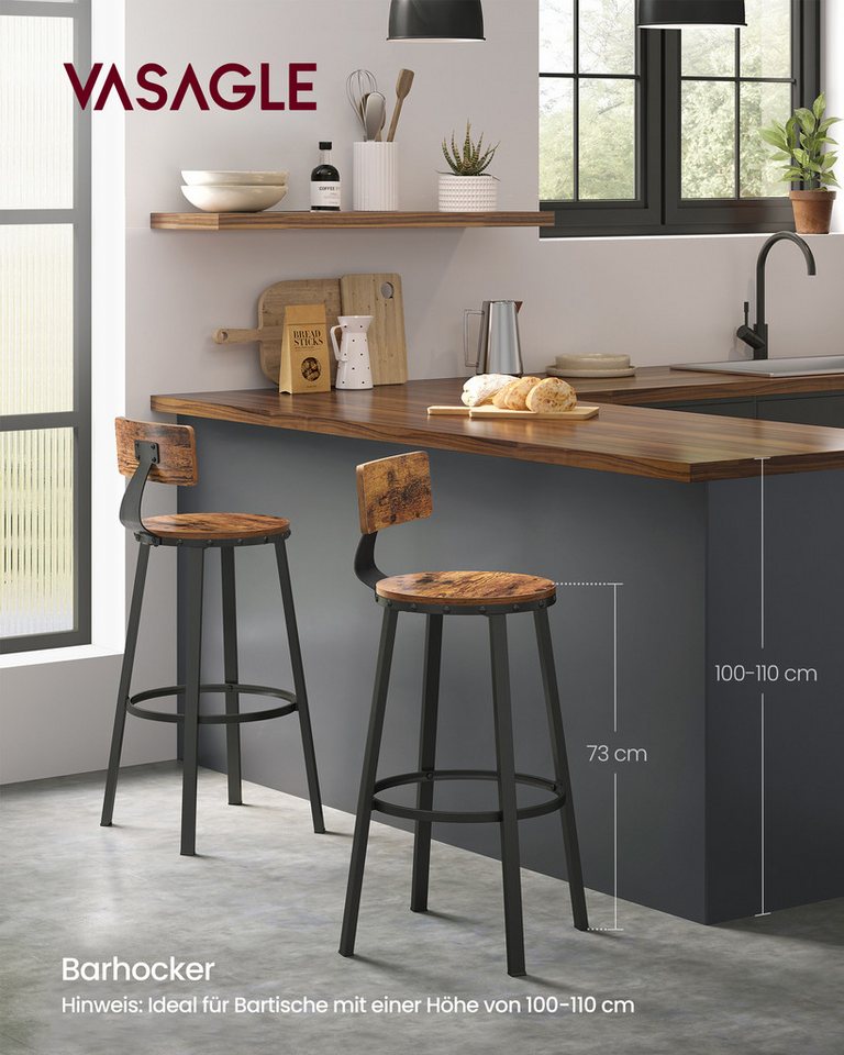 VASAGLE Barhocker 2er Set Barstühle (Set, 4 St), 100 kg Belastbar, 54,5 x 54,5 x 99 cm, mit Lehne 4er Set, Küchenhocker – Bild 2 von 5