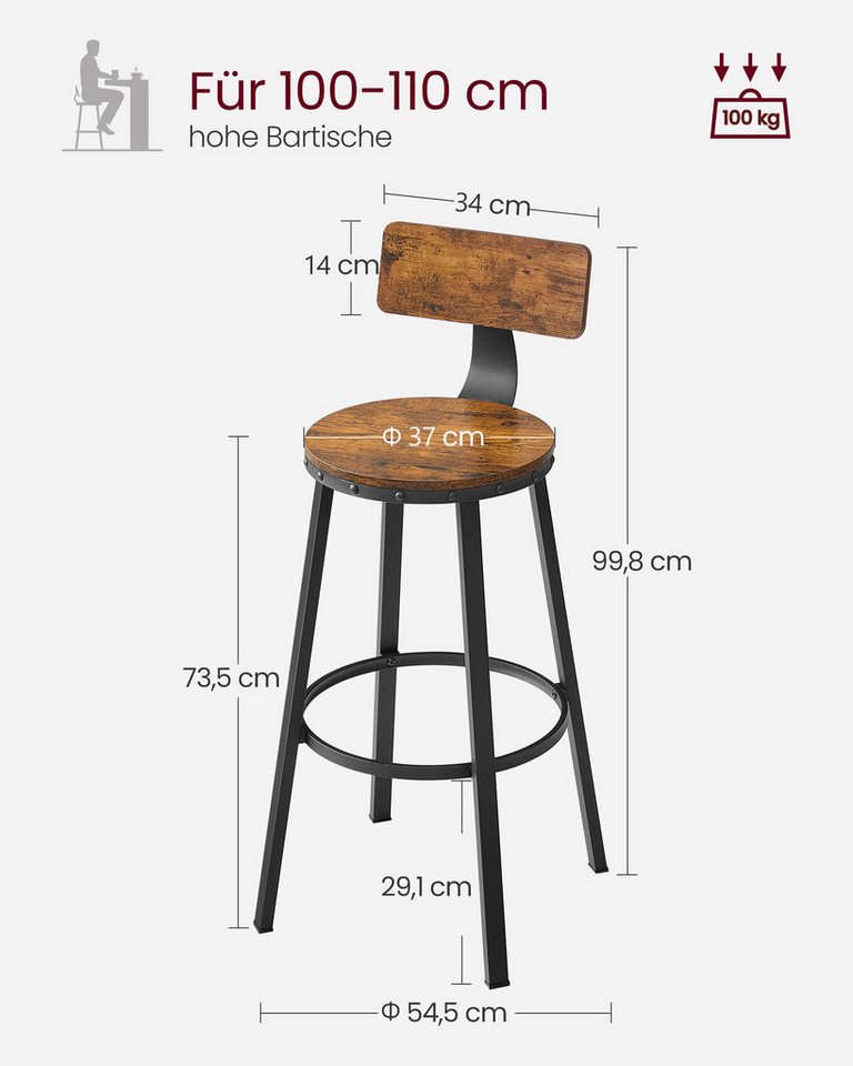 VASAGLE Barhocker 2er Set Barstühle (Set, 4 St), 100 kg Belastbar, 54,5 x 54,5 x 99 cm, mit Lehne 4er Set, Küchenhocker – Bild 3 von 5