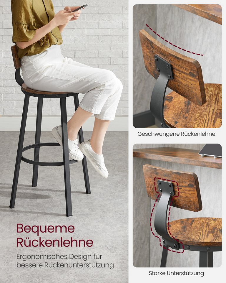 VASAGLE Barhocker 2er Set Barstühle (Set, 4 St), 100 kg Belastbar, 54,5 x 54,5 x 99 cm, mit Lehne 4er Set, Küchenhocker – Bild 5 von 5