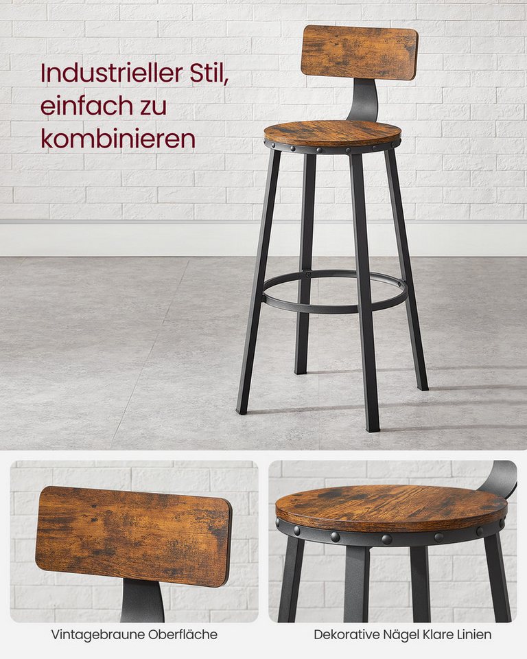 VASAGLE Barhocker 2er Set Barstühle (Set, 2 St), Sitzhöhe 62,5 cm, einfache Montage, Industrie-Design, Küchenstühle – Bild 5 von 5