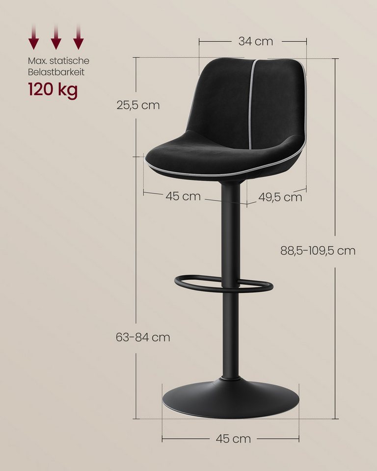 VASAGLE Barhocker Barstühle (2er), 2 Barhocker, 2 Barstühle, höhenverstellbar, drehbar – Bild 3 von 5