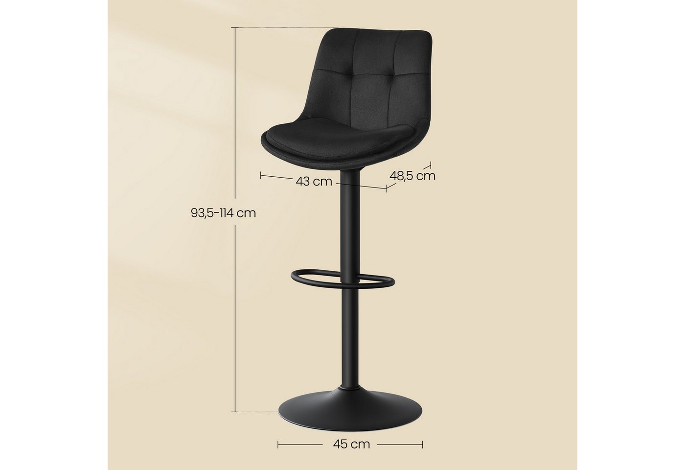 VASAGLE Barhocker Barstühle höhenverstellbar (Set, 2 St), Esszimmer, Samtbezug, mit Rückenlehne und Fußstütze, Theke – Bild 3 von 5