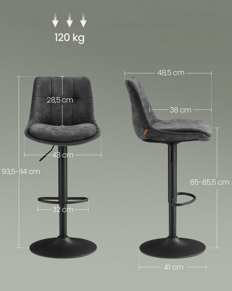 VASAGLE Barhocker Barstühle höhenverstellbar (Set, 2 St), Esszimmer, mit Rückenlehne und Fußstütze, drehbare Küchenhocker, Theke – Bild 3 von 5