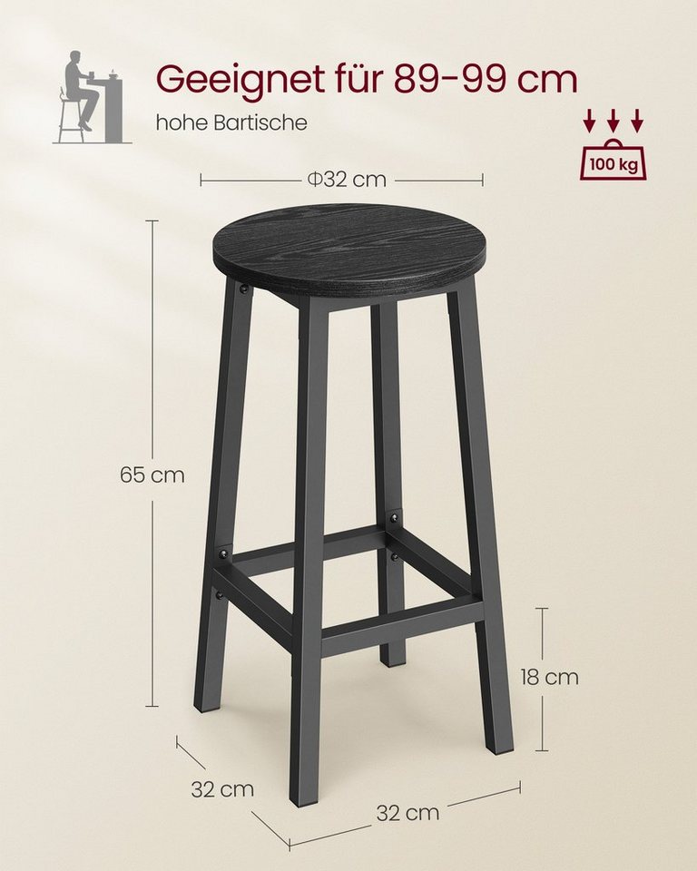 VASAGLE Barhocker Barstühle (Set, 4 St), Barhocker, 2er Set, Barstühle, 65cm/74cm – Bild 3 von 5
