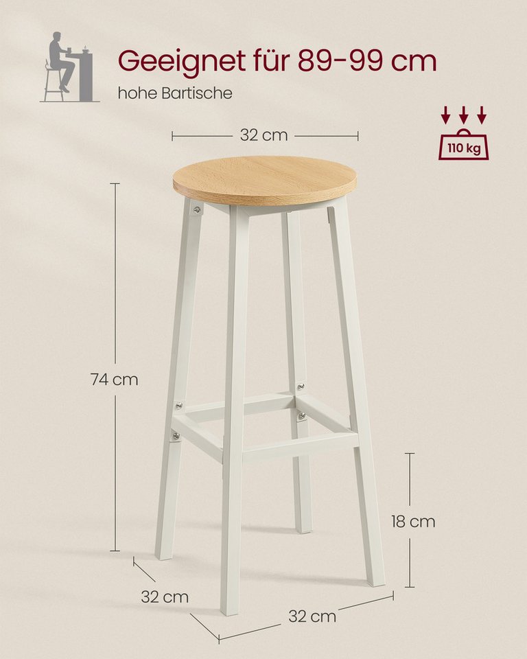 VASAGLE Barhocker Barstühle (Set, 2 St), Barhocker, 2er Set, Barstühle, 65cm/74cm – Bild 5 von 5