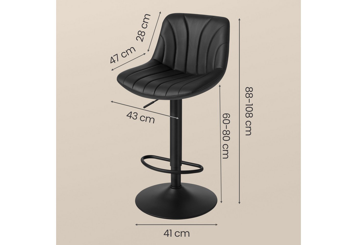 VASAGLE Barhocker Barstuhl, Küchenhocker, höhenverstellbar, um 360° drehbar (4 St., 4er Set), 46,5 x 43 x (88-108) cm (T x B x H), für Esszimmer, Küche – Bild 3 von 5