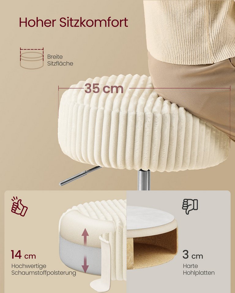 VASAGLE Barhocker Schminkhocker Schminkstuhl höhenverstellbar, 1/2er Set (1 St), für Schlafzimmer, Küche, 360° drehbar, dicke Polsterung, modern, Cord – Bild 3 von 5