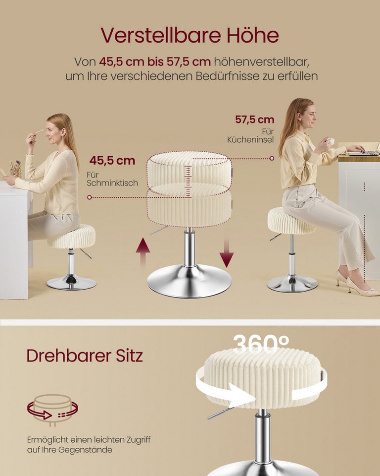 VASAGLE Barhocker Schminkhocker Schminkstuhl höhenverstellbar, 1/2er Set (1 St), für Schlafzimmer, Küche, 360° drehbar, dicke Polsterung, modern, Cord – Bild 4 von 5