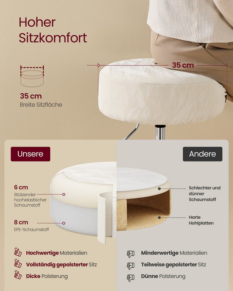 VASAGLE Barhocker Schminkhocker Schminkstuhl höhenverstellbar, 1/2er Set (2 St), für Schlafzimmer, Küche, 360° drehbar, dicke Polsterung, modern – Bild 5 von 5