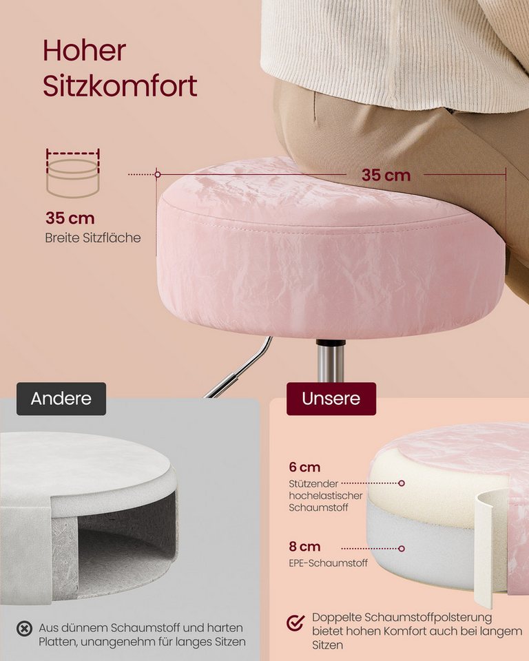 VASAGLE Barhocker Schminkhocker Schminkstuhl höhenverstellbar, 1/2er Set (1 St), für Schlafzimmer, Küche, 360° drehbar, dicke Polsterung, modern – Bild 5 von 5