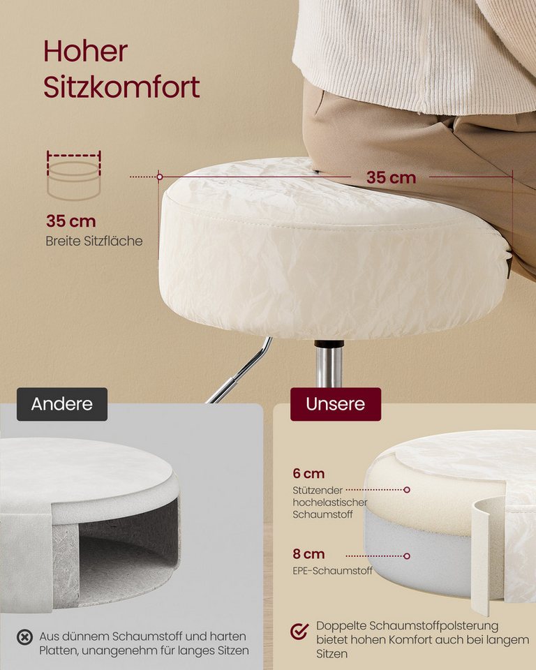 VASAGLE Barhocker Schminkhocker Schminkstuhl höhenverstellbar, 1/2er Set (1 St), für Schlafzimmer, Küche, 360° drehbar, dicke Polsterung, modern – Bild 5 von 5