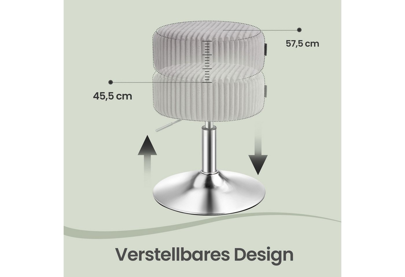 VASAGLE Barhocker Schminkhocker Schminkstuhl höhenverstellbar, 1/2er Set (1 St), für Schlafzimmer, Küche, 360° drehbar, dicke Polsterung, modern, Cord – Bild 5 von 5