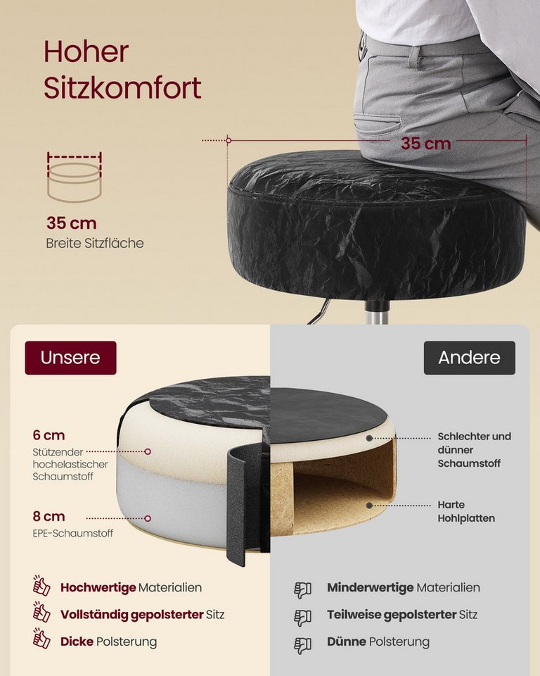 VASAGLE Barhocker Schminkhocker Schminkstuhl höhenverstellbar, 1/2er Set (2 St), für Schlafzimmer, Küche, 360° drehbar, dicke Polsterung, modern – Bild 5 von 5