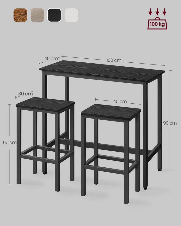VASAGLE Bartisch Essgruppe, Industrie-Design, mit Barhocker Set, mit 2 Stühlen, Stahlgestell – Bild 3 von 5
