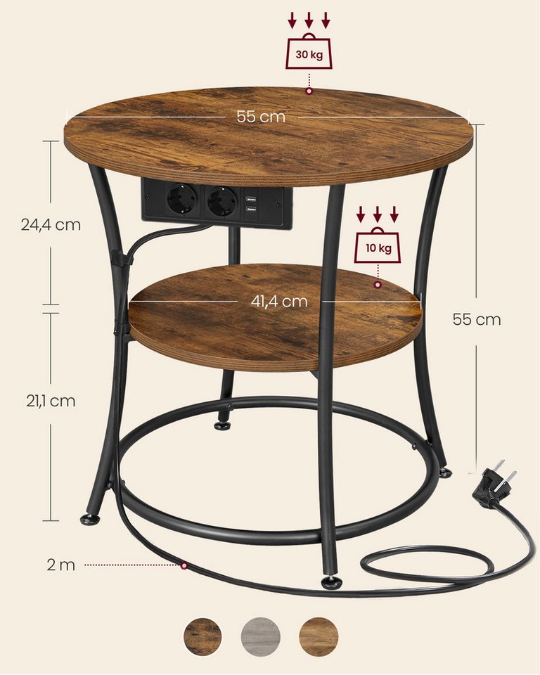 VASAGLE Beistelltisch 2-stufiger Couchtisch, Wohnzimmer, Schlafzimmer, rund, Stahlrahmen, Konsolentisch – Bild 5 von 5