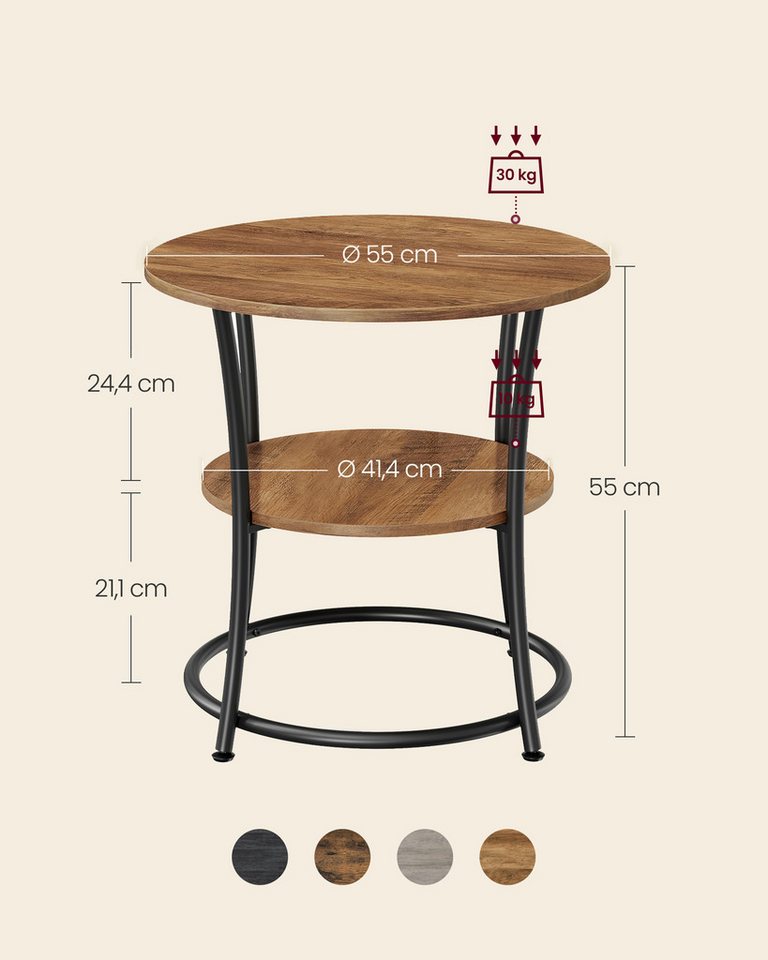 VASAGLE Beistelltisch 2-stufiger Couchtisch, Wohnzimmer, Schlafzimmer, rund, Stahlrahmen, Konsolentisch – Bild 5 von 5