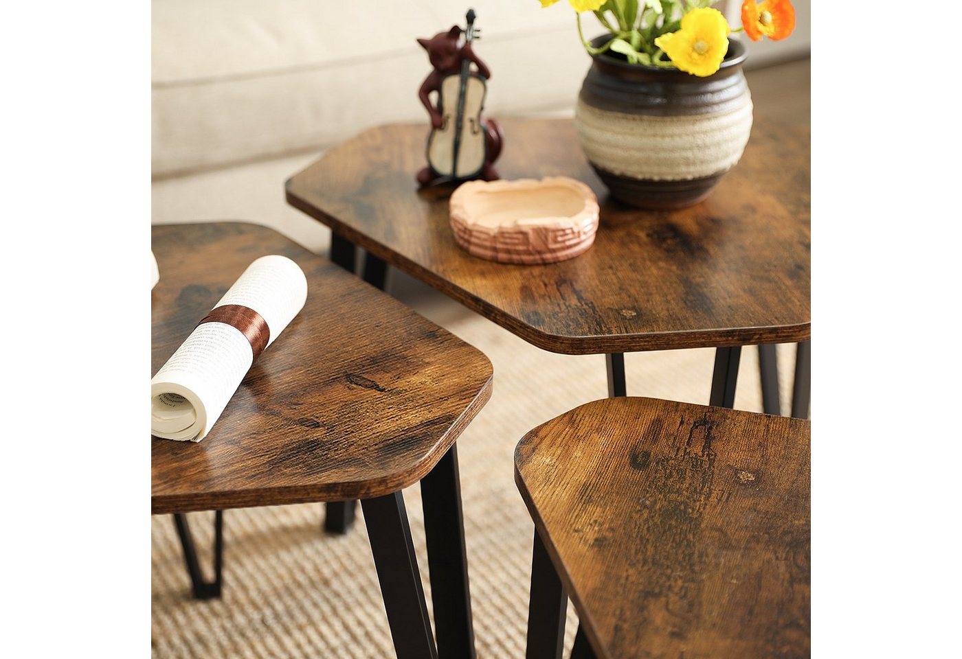 VASAGLE Beistelltisch 3er Set, Couchtisch, Satztische, Nachttisch, mit Metallbeinen, dekorativ, einfacher Aufbau, Industrie-Design – Bild 5 von 5