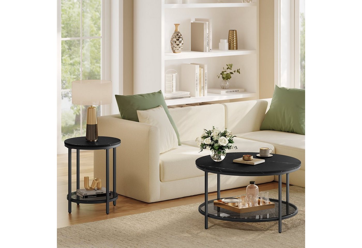 VASAGLE Beistelltisch Holzspanplatte, Hartglas, für Wohnzimmer, Arbeitszimmer, kleine Räume, Nachttisch mit 2 Ebenen, modern – Bild 3 von 5