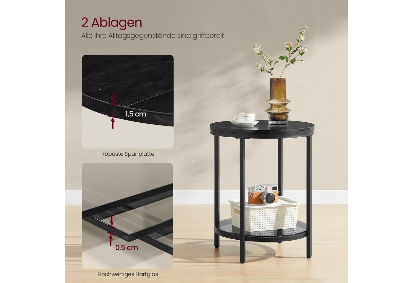 VASAGLE Beistelltisch Holzspanplatte, Hartglas, für Wohnzimmer, Arbeitszimmer, kleine Räume, Nachttisch mit 2 Ebenen, modern – Bild 4 von 5