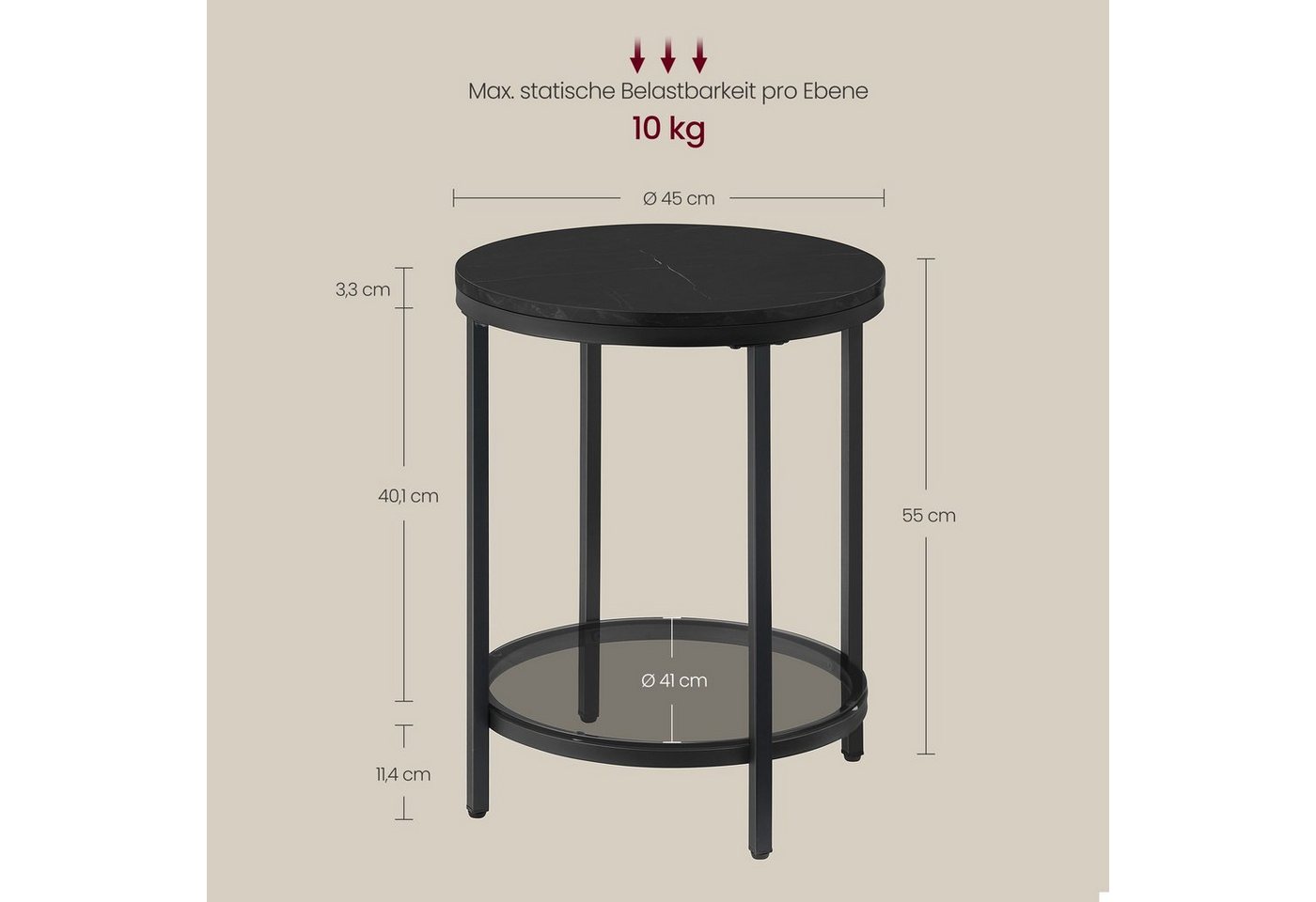 VASAGLE Beistelltisch Holzspanplatte, Hartglas, für Wohnzimmer, Arbeitszimmer, kleine Räume, Nachttisch mit 2 Ebenen, modern – Bild 5 von 5