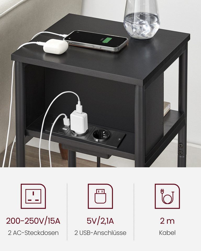 VASAGLE Beistelltisch Nachttisch mit Steckdose, schmal, für Wohnzimmer, Schlafzimmer (1-St), 2 AC-Anschlüsse, 2 USB-Anschlüsse, 30 x 34 x 58 cm – Bild 3 von 5