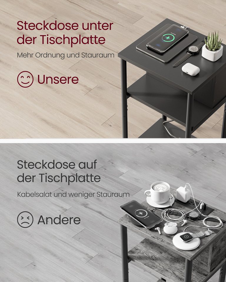 VASAGLE Beistelltisch Nachttisch mit Steckdose, schmal, für Wohnzimmer, Schlafzimmer (1-St), 2 AC-Anschlüsse, 2 USB-Anschlüsse, 30 x 34 x 58 cm – Bild 4 von 5