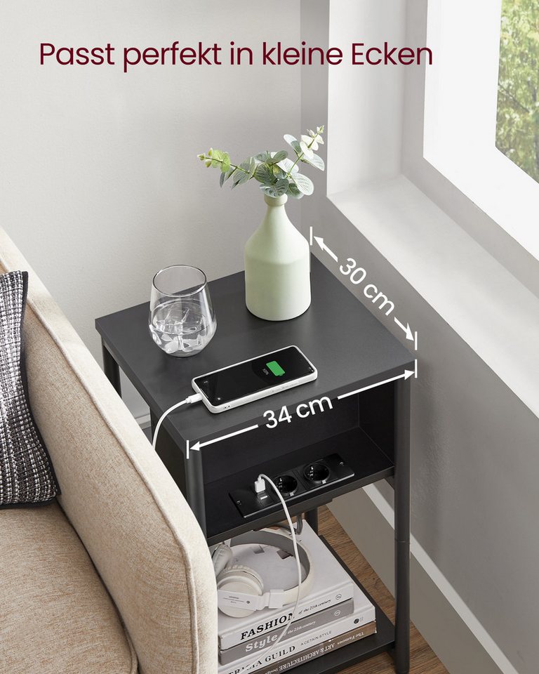 VASAGLE Beistelltisch Nachttisch mit Steckdose, schmal, für Wohnzimmer, Schlafzimmer (1-St), 2 AC-Anschlüsse, 2 USB-Anschlüsse, 30 x 34 x 58 cm – Bild 5 von 5
