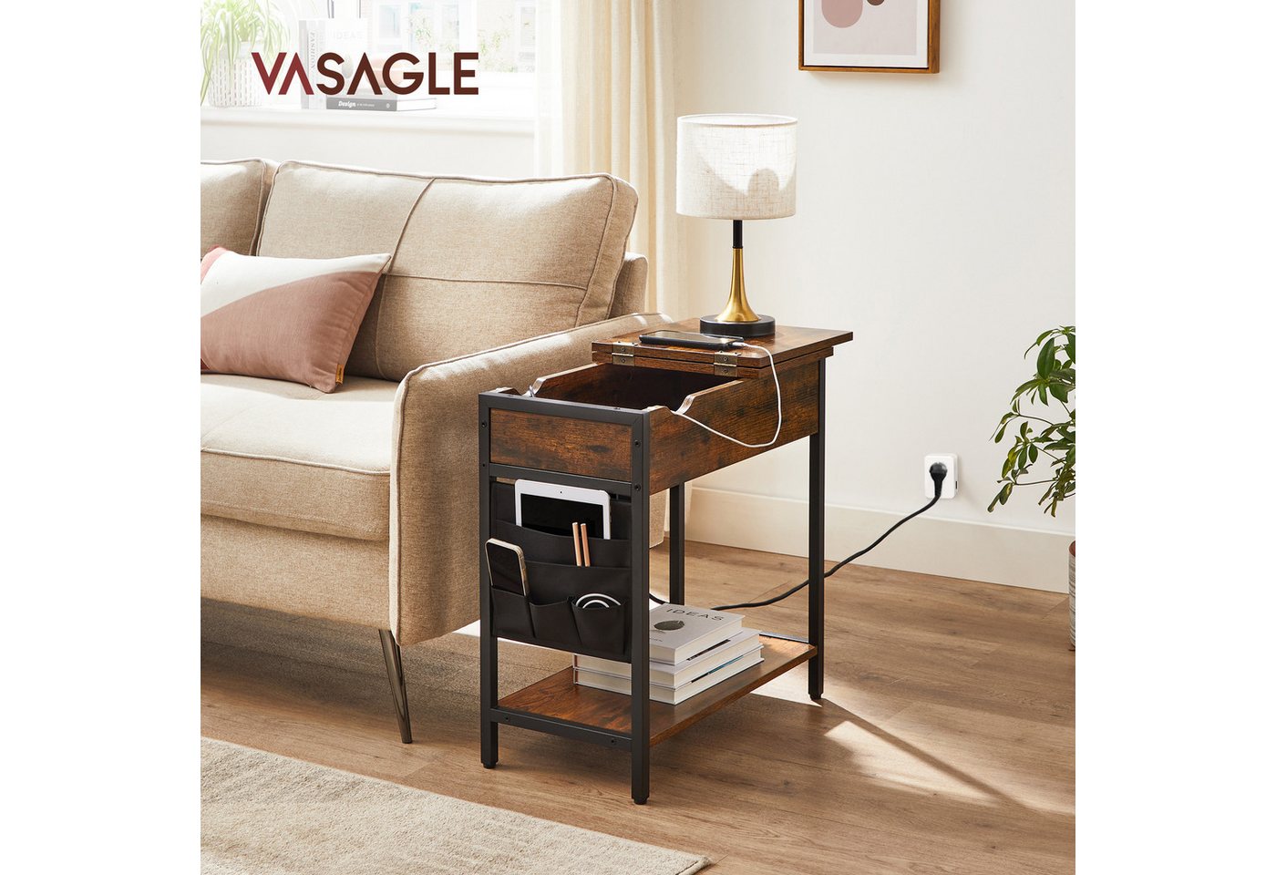 VASAGLE Beistelltisch Nachttisch mit Steckdose, schmal, für Wohnzimmer, Schlafzimmer (1-St), mit USB-Anschlüssen, Tasche, 60 x 31,5 x 60 cm – Bild 2 von 5