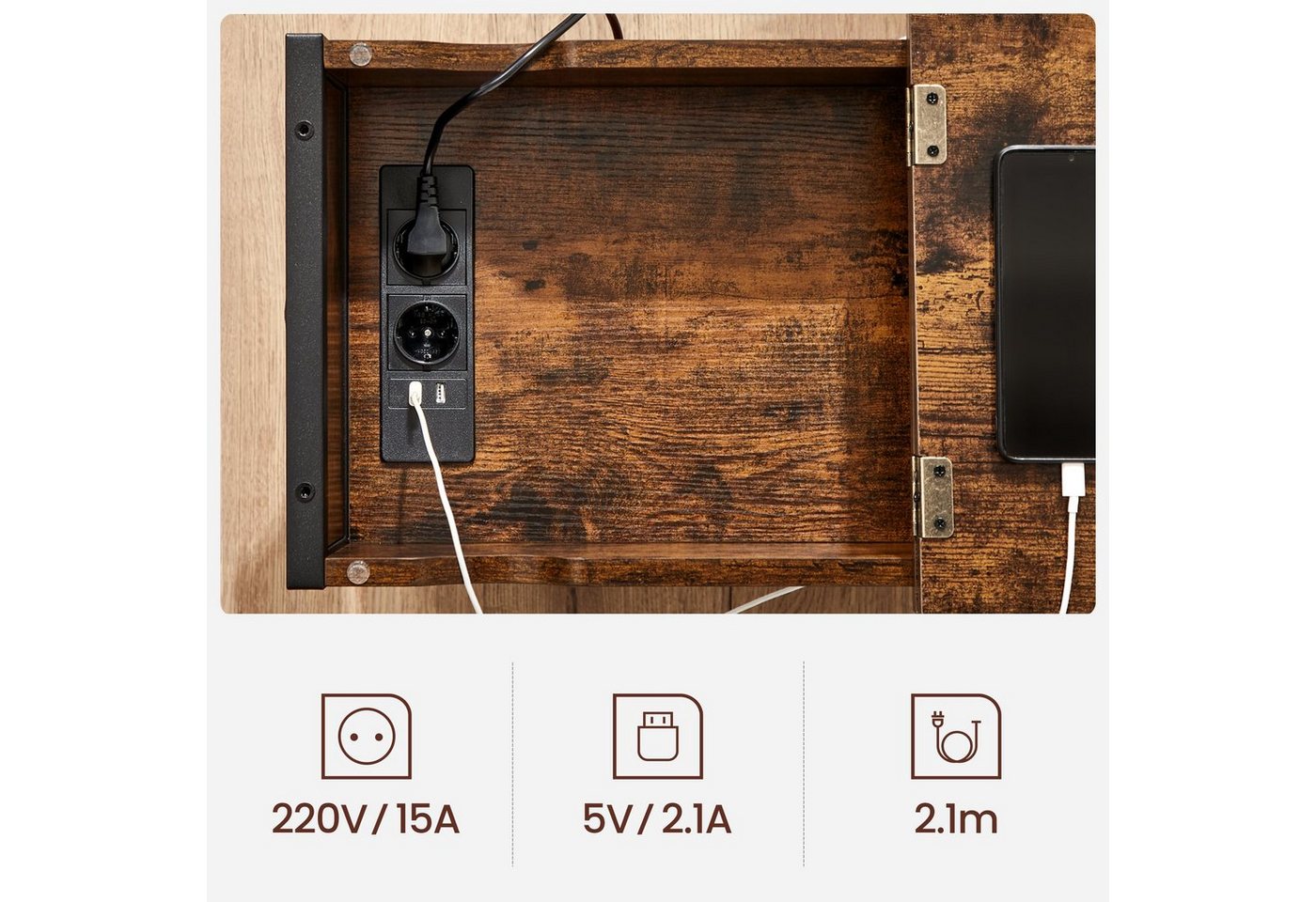 VASAGLE Beistelltisch Nachttisch mit Steckdose, schmal, für Wohnzimmer, Schlafzimmer (1-St), mit USB-Anschlüssen, Tasche, 60 x 31,5 x 60 cm – Bild 4 von 5