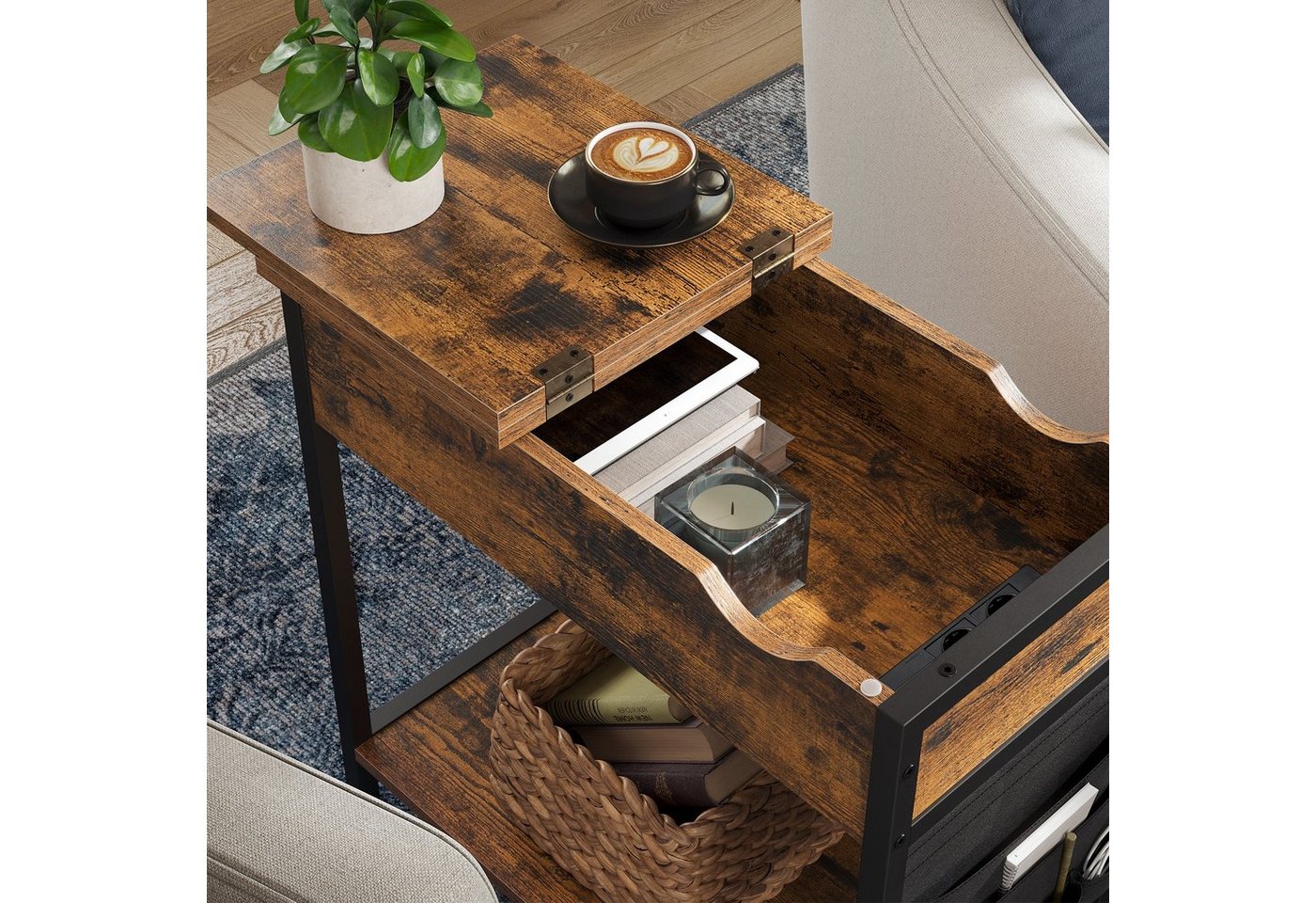 VASAGLE Beistelltisch Nachttisch mit Steckdose, schmal, für Wohnzimmer, Schlafzimmer (1-St), mit USB-Anschlüssen, Tasche, 60 x 31,5 x 60 cm – Bild 5 von 5