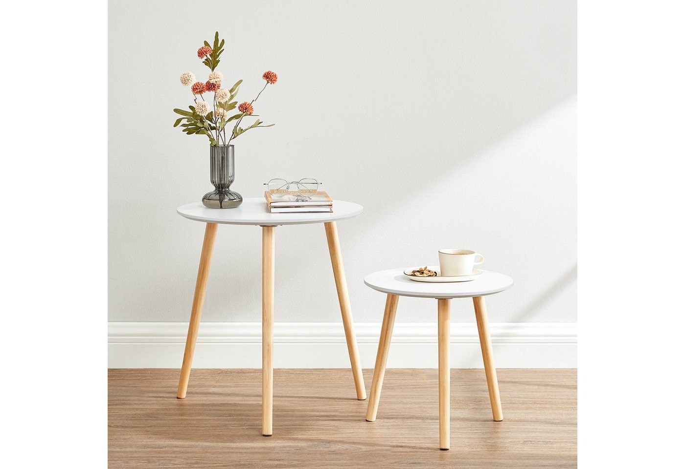 VASAGLE Beistelltisch rund, Couchtisch modern minimalistisch, 2er Set, mit Beinen aus Kiefernholz, skandinavischer Stil, für Wohnzimmer – Bild 2 von 5