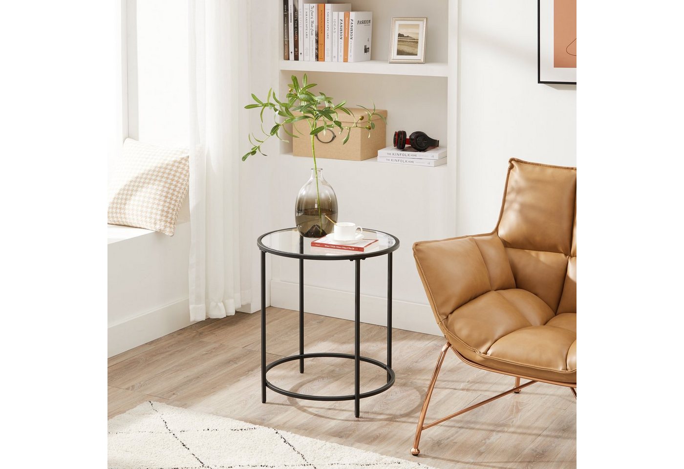 VASAGLE Beistelltisch Beistelltisch rund, kleiner Couchtisch, Glastisch mit Metallgestell, Nachttisch, Sofatisch, Balkon, Hartglas – Bild 2 von 5