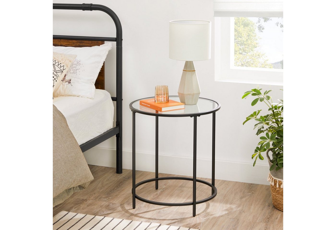 VASAGLE Beistelltisch Beistelltisch rund, kleiner Couchtisch, Glastisch mit Metallgestell, Nachttisch, Sofatisch, Balkon, Hartglas – Bild 3 von 5