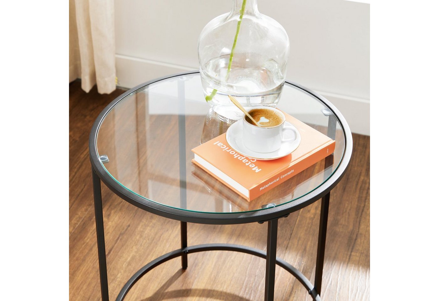 VASAGLE Beistelltisch Beistelltisch rund, kleiner Couchtisch, Glastisch mit Metallgestell, Nachttisch, Sofatisch, Balkon, Hartglas – Bild 5 von 5