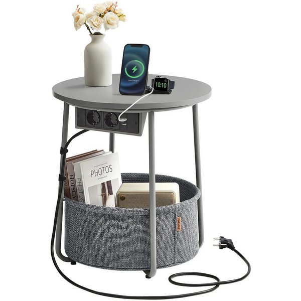 VASAGLE Beistelltisch rund, mit Steckdose, USB-Anschlüsse, mit Korb aus Stoff, Ø45 cm