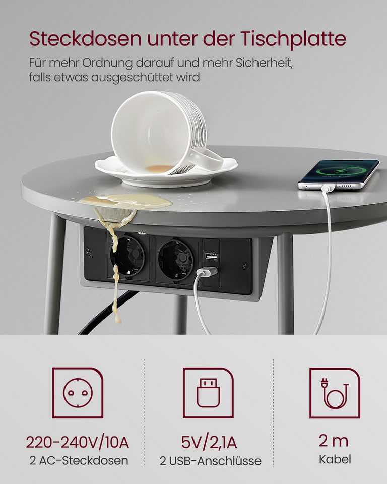 VASAGLE Beistelltisch rund, mit Steckdose, USB-Anschlüsse, mit Korb aus Stoff, Ø45 cm – Bild 4 von 5