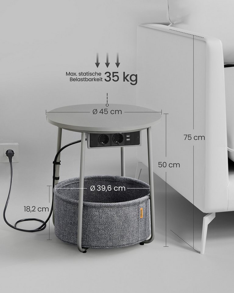 VASAGLE Beistelltisch rund, mit Steckdose, USB-Anschlüsse, mit Korb aus Stoff, Ø45 cm – Bild 5 von 5