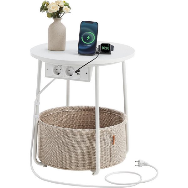 VASAGLE Beistelltisch rund, mit Steckdose, USB-Anschlüsse, mit Korb aus Stoff, Ø45 cm