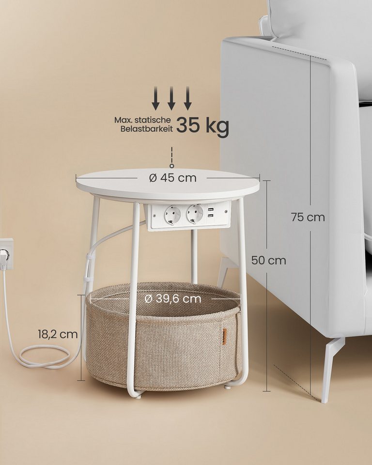 VASAGLE Beistelltisch rund, mit Steckdose, USB-Anschlüsse, mit Korb aus Stoff, Ø45 cm – Bild 5 von 5