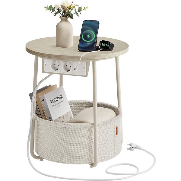 VASAGLE Beistelltisch rund, mit Steckdose, USB-Anschlüsse, mit Korb aus Stoff, Ø45 cm