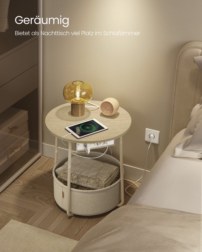 VASAGLE Beistelltisch rund, mit Steckdose, USB-Anschlüsse, mit Korb aus Stoff, Ø45 cm – Bild 3 von 5