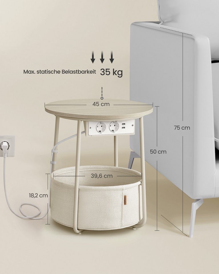 VASAGLE Beistelltisch rund, mit Steckdose, USB-Anschlüsse, mit Korb aus Stoff, Ø45 cm – Bild 4 von 5