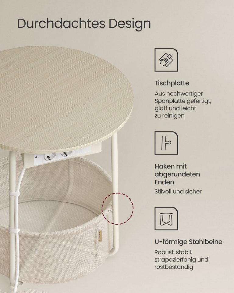 VASAGLE Beistelltisch rund, mit Steckdose, USB-Anschlüsse, mit Korb aus Stoff, Ø45 cm – Bild 5 von 5