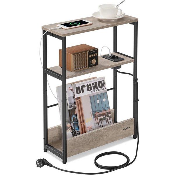 VASAGLE Beistelltisch schmal, Nachttisch, für Wohnzimmer, Schlafzimmer, 18 x 45 x 58 cm, mit Ladefunktion, Couchtisch, 3 Ablagen, meliert-tintenschwarz