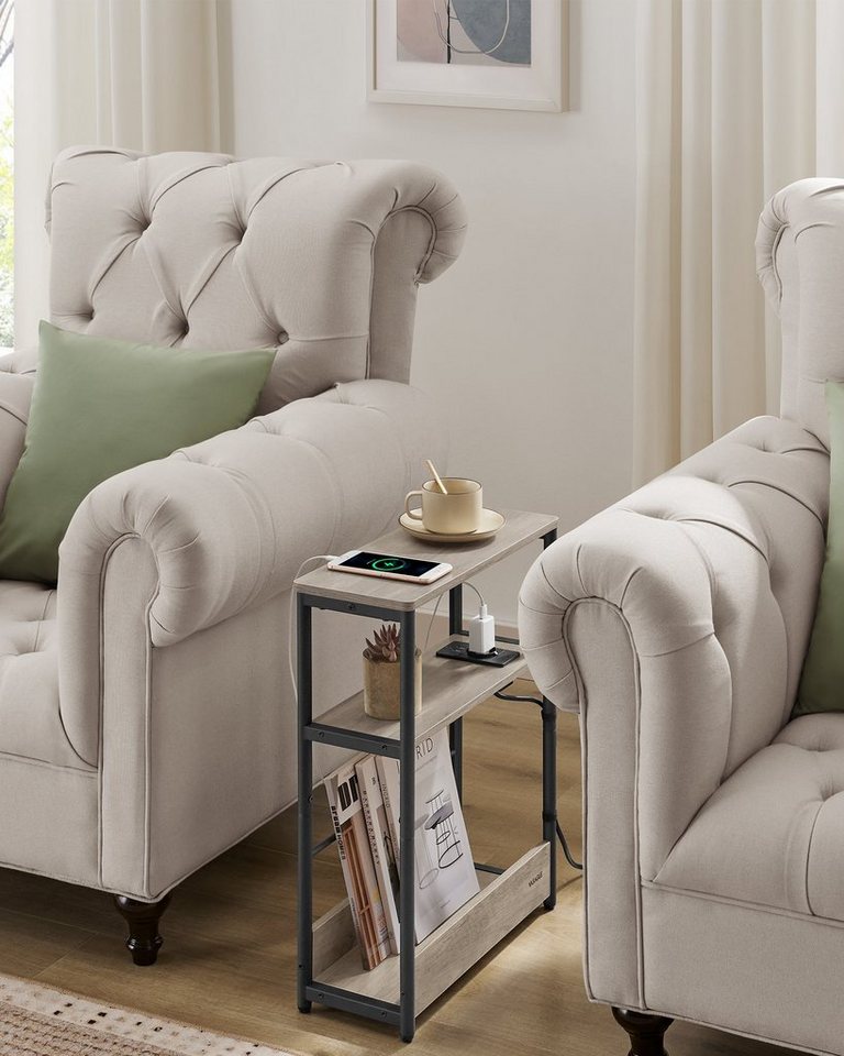 VASAGLE Beistelltisch schmal, Nachttisch, für Wohnzimmer, Schlafzimmer, 18 x 45 x 58 cm, mit Ladefunktion, Couchtisch, 3 Ablagen, meliert-tintenschwarz – Bild 2 von 5