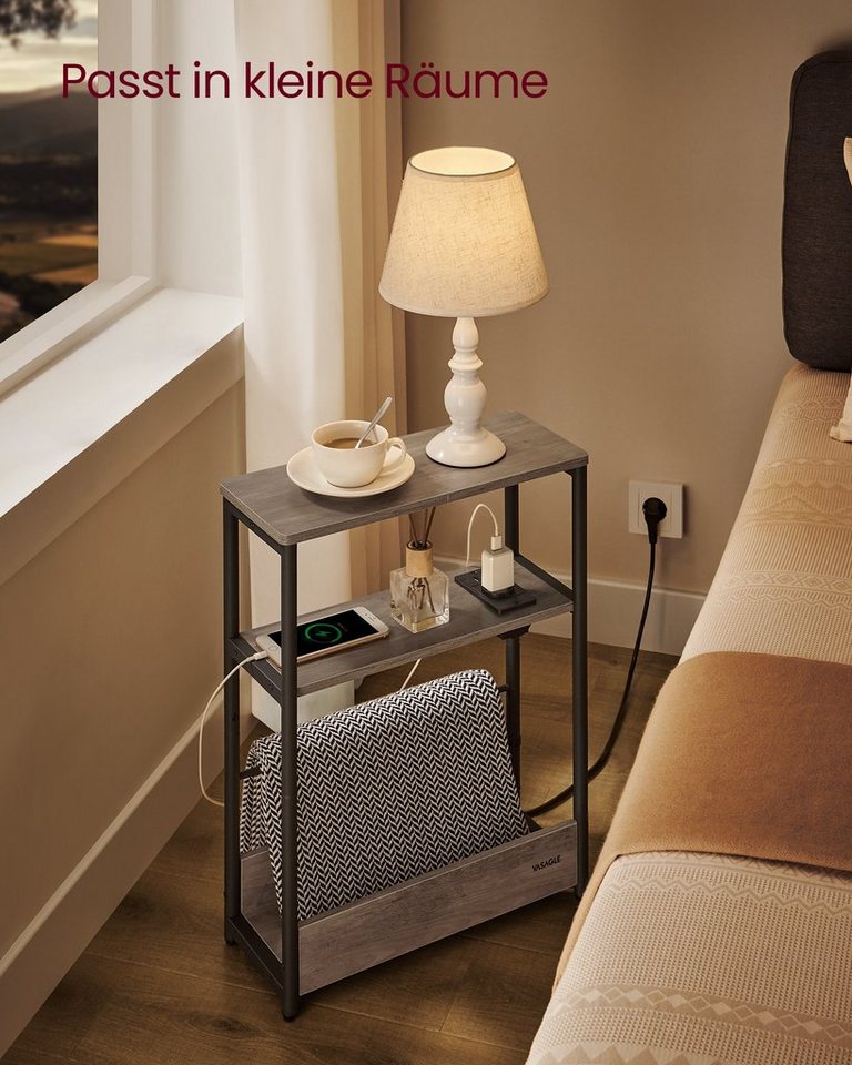 VASAGLE Beistelltisch schmal, Nachttisch, für Wohnzimmer, Schlafzimmer, 18 x 45 x 58 cm, mit Ladefunktion, Couchtisch, 3 Ablagen, meliert-tintenschwarz – Bild 3 von 5