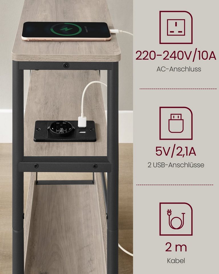 VASAGLE Beistelltisch schmal, Nachttisch, für Wohnzimmer, Schlafzimmer, 18 x 45 x 58 cm, mit Ladefunktion, Couchtisch, 3 Ablagen, meliert-tintenschwarz – Bild 4 von 5
