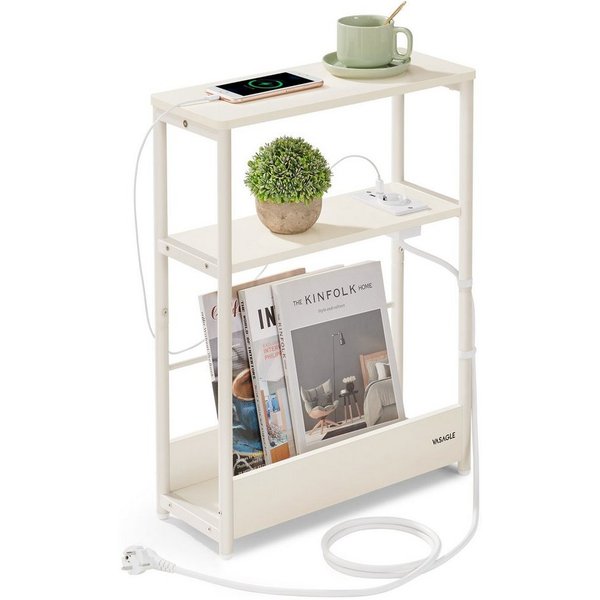 VASAGLE Beistelltisch schmal, Nachttisch, für Wohnzimmer, Schlafzimmer, 18 x 45 x 58 cm, mit Ladefunktion, Couchtisch, 3 Ablagen, cremeweiß