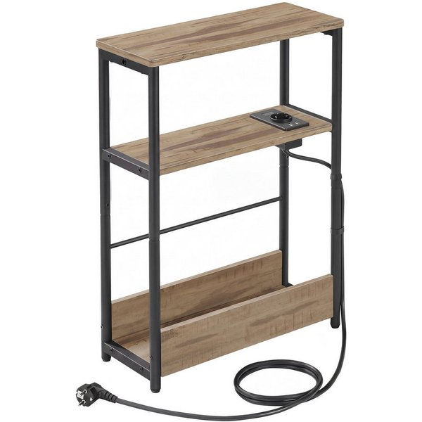 VASAGLE Beistelltisch schmal, Nachttisch, für Wohnzimmer, Schlafzimmer, 18 x 45 x 58 cm, mit Ladefunktion, Couchtisch, 3 Ablagen, Milchkaffeebraun, klein