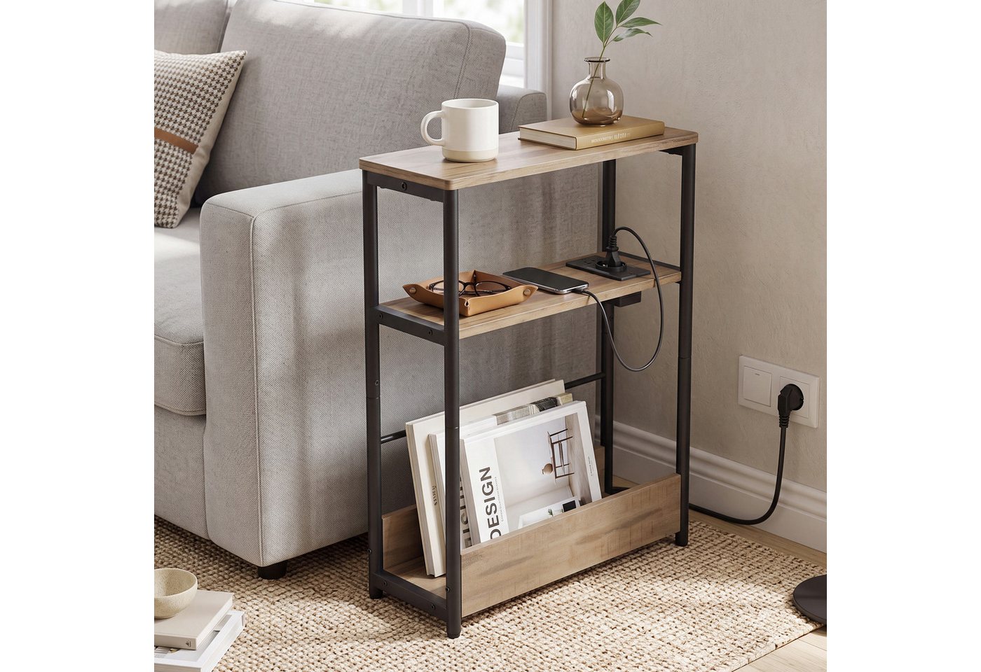 VASAGLE Beistelltisch schmal, Nachttisch, für Wohnzimmer, Schlafzimmer, 18 x 45 x 58 cm, mit Ladefunktion, Couchtisch, 3 Ablagen, Milchkaffeebraun, klein – Bild 2 von 5